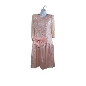 Vintage 80s Pink Lace & Satin Party Prom Dress Large Bow No Size